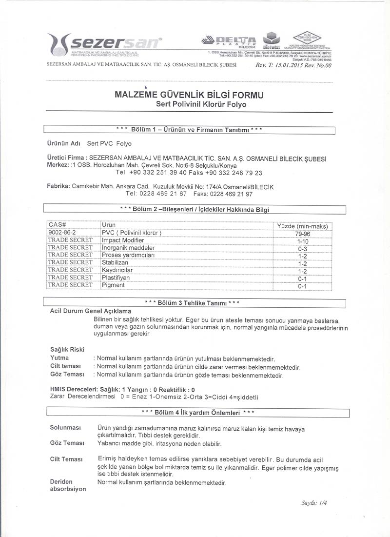 MALZEME GÜVENLİK BİLGİ FORMU
