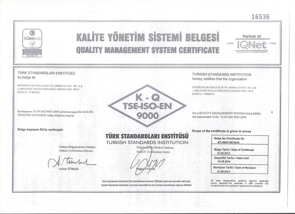 KALİTE YÖNETİM SİSTEMİ BELGESİ